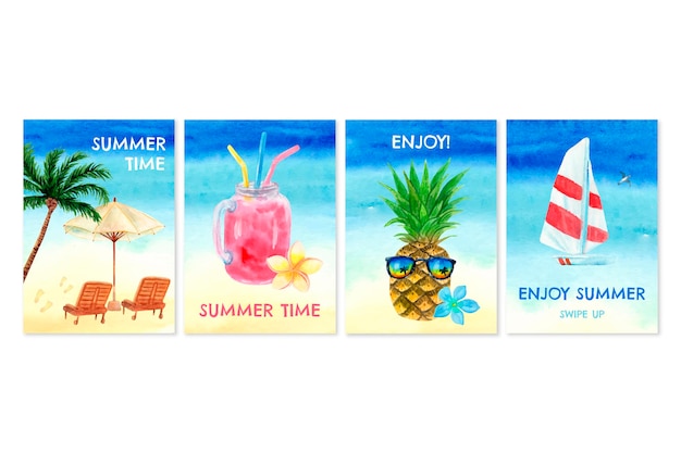 Free Vector hand painted watercolor summer cards collection