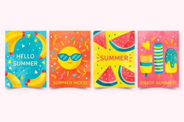 Hand painted watercolor summer cards collection