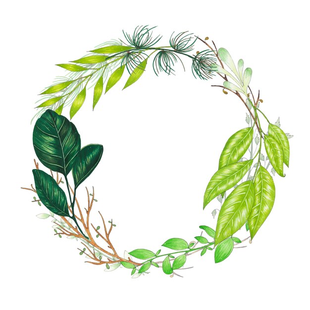 Hand painted with markers floral wreath with twig, branch and green abstract leaves