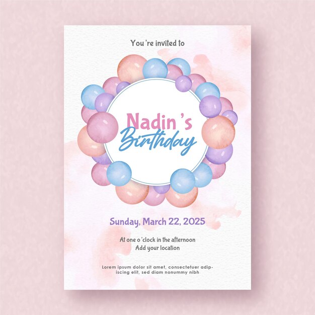 Hand painting of funny birthday colorful invitation with balloons arrangement