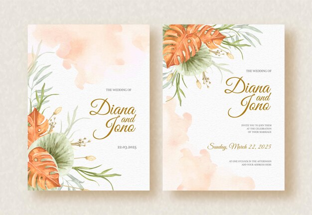 Hand painting of tropical leaves arrangement on wedding invitation background