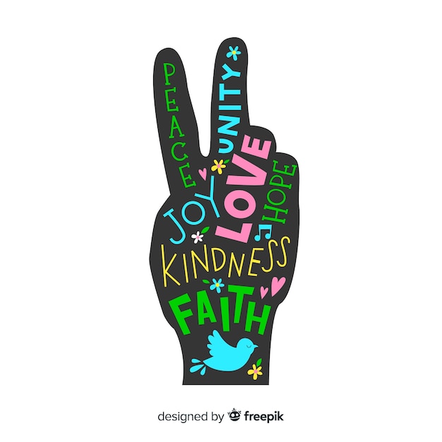 Free Vector hand peace sign filled with words background