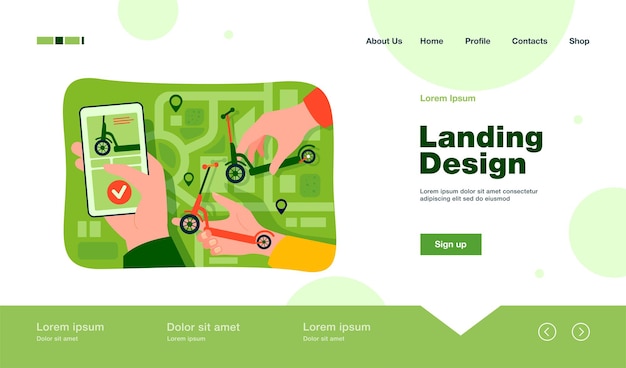 Hand of person using scooter rent or sharing app with city map on smartphone landing page in flat style