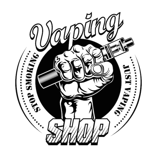 Hand pf vaper vector illustration. Male hand holding electronic cigarette, stop smoking text, stamp