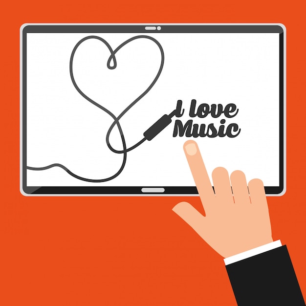 hand point tablet screen with lettering i love music