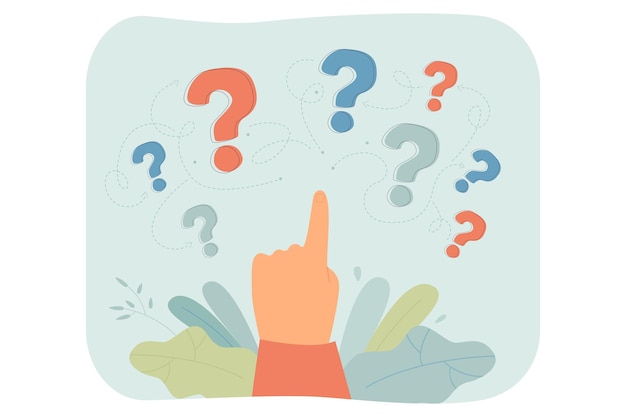 Hand pointing at question marks flat vector illustration. Person trying to solve problem or searching for solutions. Creativity, guidance concept for banner, website design or landing web page