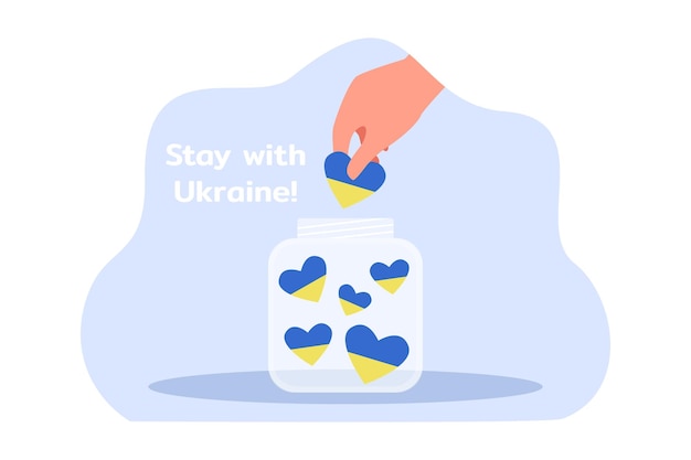 Hand putting blue and yellow hearts in jar. Stay with Ukraine flat vector illustration. Protection, support, unity, nation, freedom, peace, independence, togetherness concept