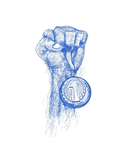 Hand raised and holding gold medal Award of Victory Sketch Vector illustration