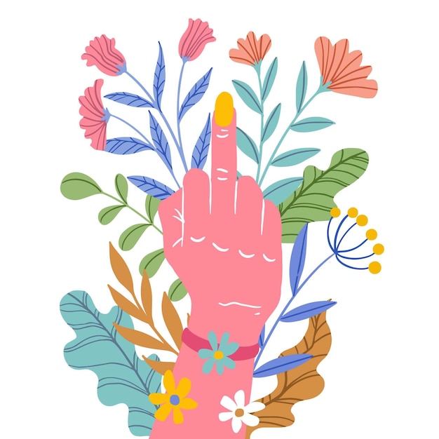 Free Vector hand surrounded by flowers showing fuck you sign