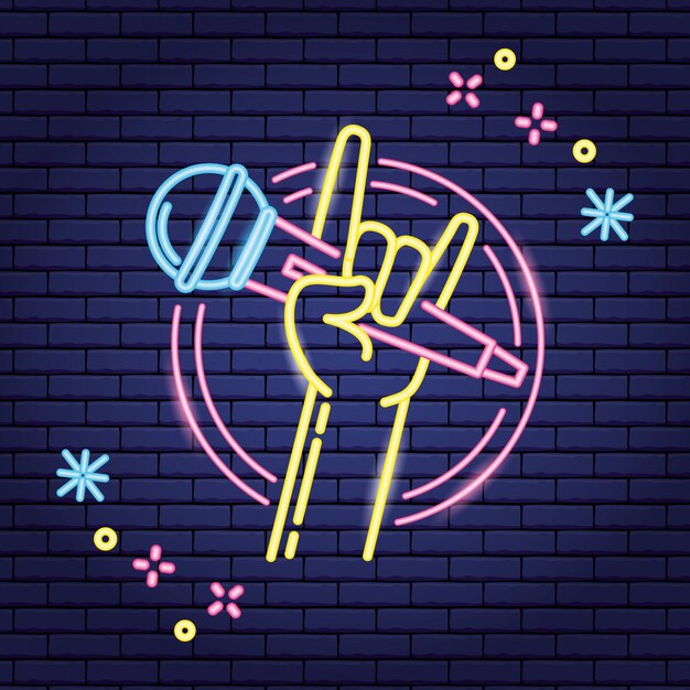 Hand with microphone in neon style, Karaoke