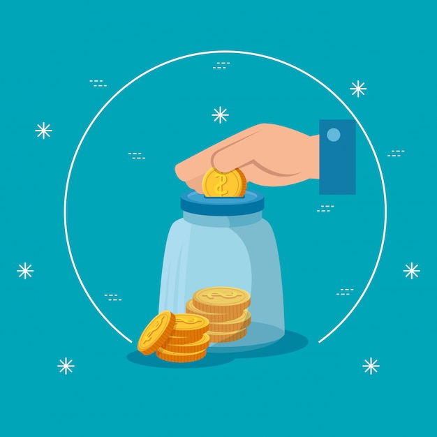 hand with moneybox and coins isolated icon   