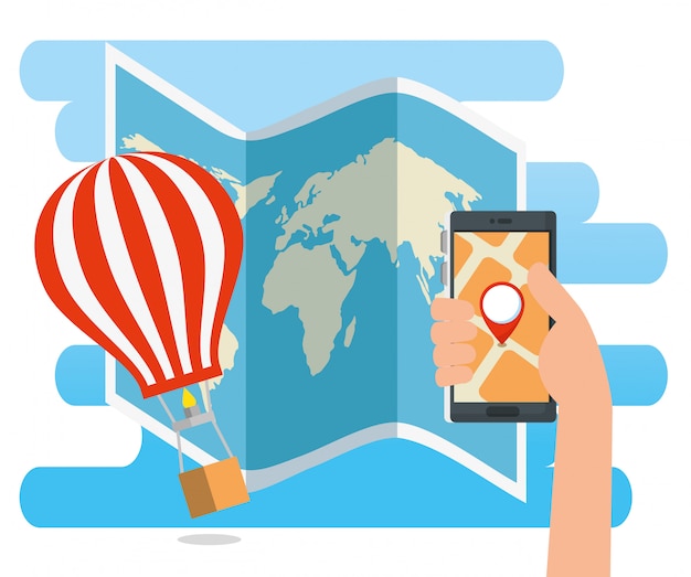 Free Vector hand with smartphone address location and airballoon