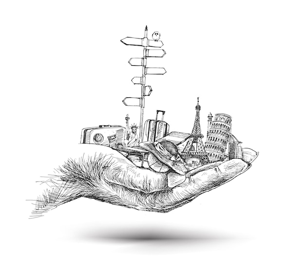 Hand with Travel the world hand monuments concept Hand Drawn Sketch Vector illustration