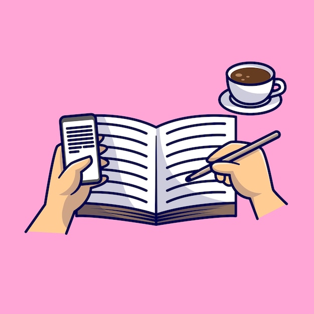 Hand Writing On Book With Coffee And Phone Cartoon Vector Icon Illustration People Education Icon