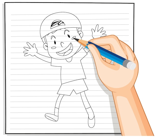 Free vector hand writing of cute boy wearing cap outline