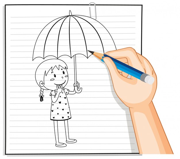 Hand writing of girl holding umbrella outline