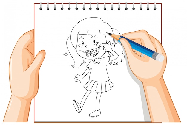 Hand writing of girl smile with braces outline