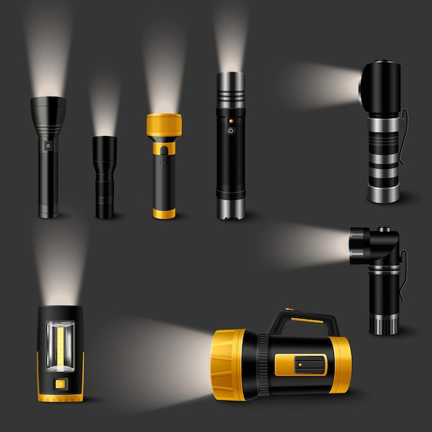 Free vector handheld luminous flashlights of different modifications realistic set on grey background isolated vector illustration