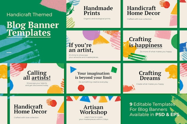 Handicraft themed banner template vector with block print background set