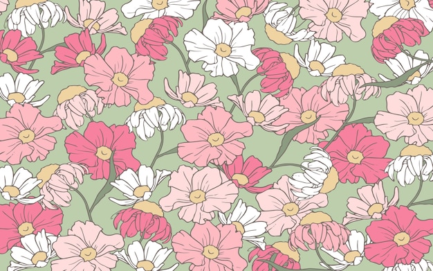 Handrawn outline pink and white flowers background