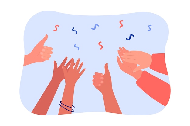 Free Vector hands clapping and giving thumbs up. crowd of diverse people applauding, audience cheering flat vector illustration. success, celebration, support concept for banner, website design or landing page