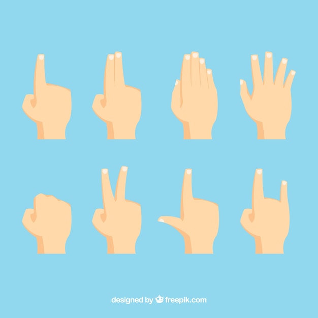 Hands collection with different poses in flat style