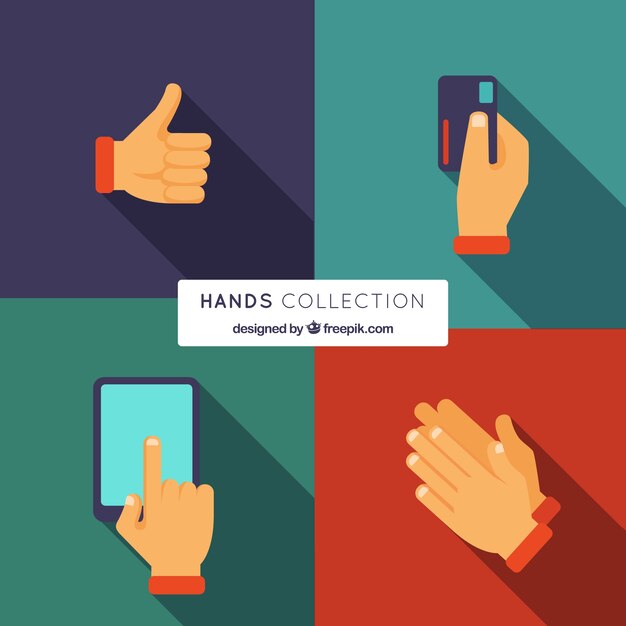 Hands collection with different poses in flat style