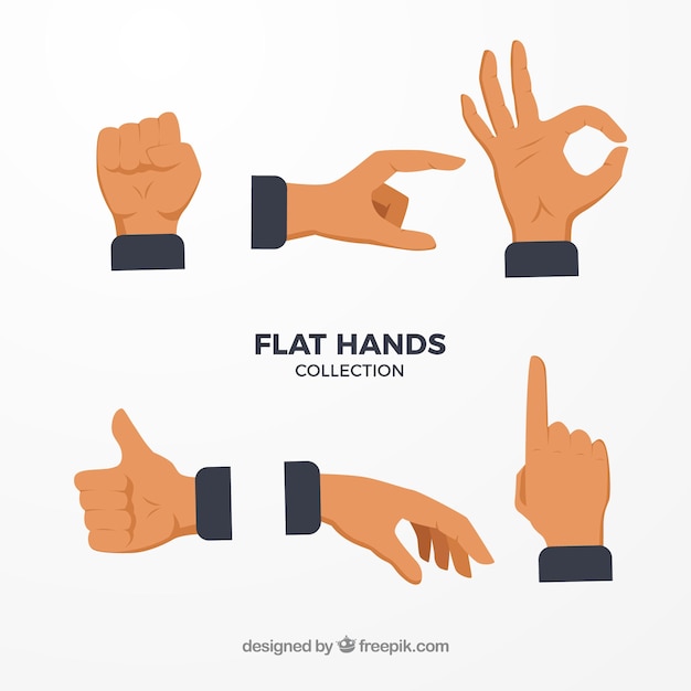 Hands collection with different poses in flat syle