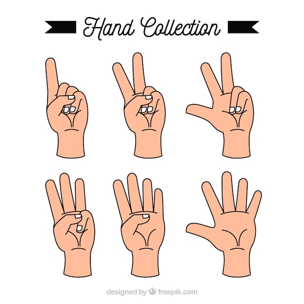 Hands collection with different poses in hand drawn style