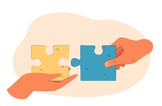 Hands connecting blue and yellow puzzle flat vector illustration. Jigsaw, connection, solution, praying, support, independence concept for banner, website design or landing web page