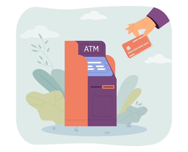 Free Vector hands of customer holding credit card near atm machine. person withdrawing cash money, checking balance flat vector illustration. bank service concept for banner, website design or landing web page