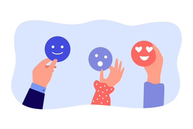 Free vector hands holding cartoon faces with different emotions. people with happy, surprised and in love emoticons flat vector illustration.  social media, emotions concept for banner or landing web page