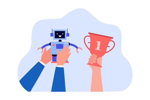 Hands holding cute robotic character and trophy. Child winning robotics competition in school or college flat vector illustration. Robotics, technology, victory concept for banner or landing web page