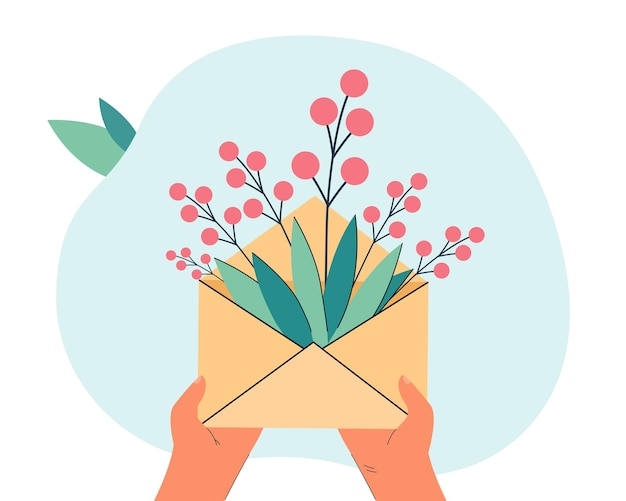 Free Vector hands holding envelope with flowers flat vector illustration. bouquet of spring flowers. greeting, love, romantic relationship concept for banner, website design or landing web page