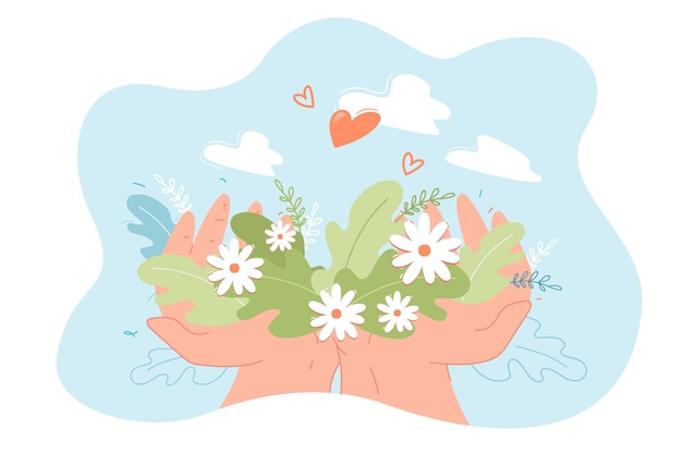 Hands holding flowers with green leaves flat vector illustration. Growing sapling, seedling or plant, taking care of environmental and ecology. Agronomy, development concept