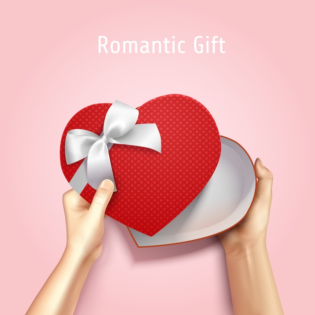 Free Vector hands holding gift box top view realistic 3d composition with heart shaped carton and editable text 