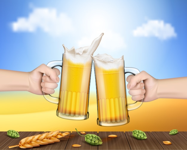 Free Vector hands holding glass mugs with beer raised in toast