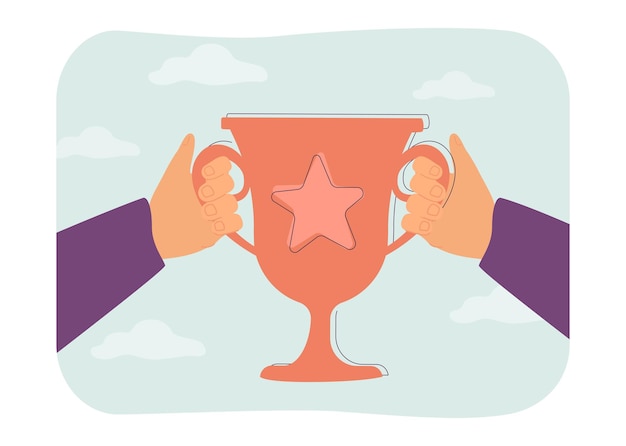 Free Vector hands holding golden cup award flat vector illustration. winner or champion with first place prize, celebrating victory. competition, leadership concept for banner, website design or landing web page