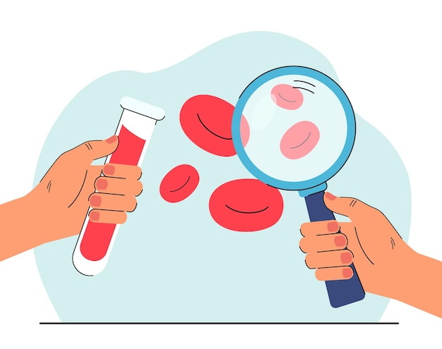 Free vector hands holding magnifying glass and tube with blood sample. doctor examining red blood cells of patient flat vector illustration. medicine, health concept for banner, website design or landing web page