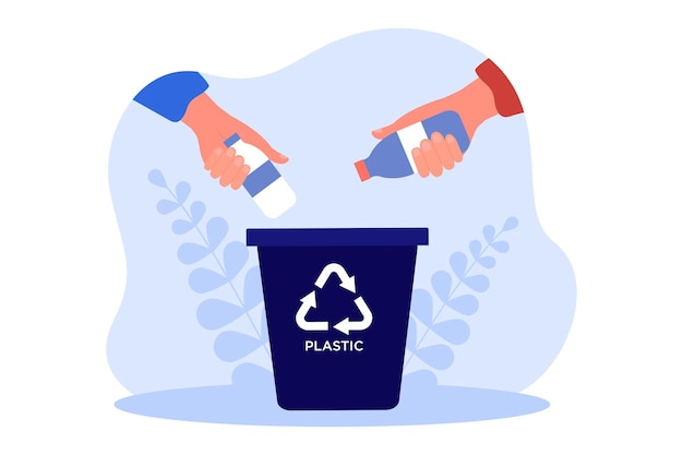 Free Vector hands holding plastic bottles to throw into trash container. persons sorting garbage flat vector illustration. environment, ecology, waste concept for banner, website design or landing web page