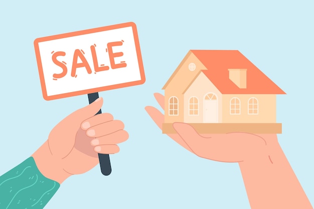 Free Vector hands holding sale sign and house flat vector illustration. person selling apartment, real estate, property. advertisement, mortgage, investment, purchase concept