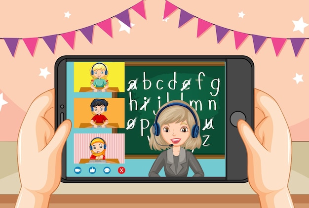 Free Vector hands holding smartphone with teacher and student on smartphone screen