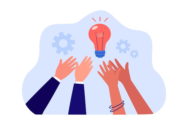 Free Vector hands of people reaching for bright light bulb at top. analysis, clever think and ideas by persons flat vector illustration. innovation, solution concept for banner, website design or landing web page