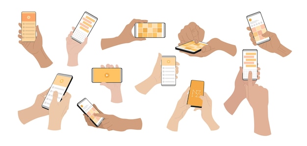 Hands of people using mobile apps in smartphones set. Vector illustrations of person showing actions with phones. Cartoon finger swiping, pointing, sending sms isolated on white. Internet concept