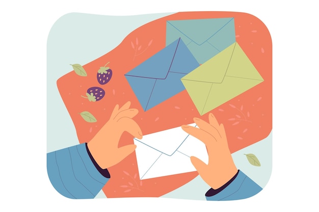 Free Vector hands putting letter in envelope flat vector illustration. top view of persons hands sealing envelopes on table. correspondence, mail concept for banner, website design or landing web page