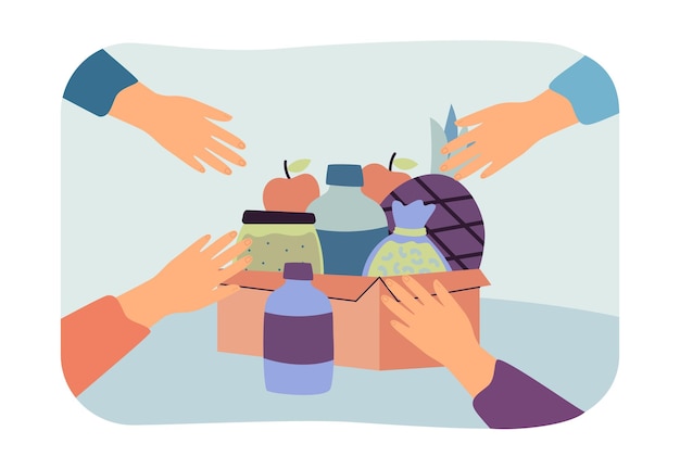 Free Vector hands reaching towards box with food. people taking products from cardboard box from grocery store flat vector illustration. humanitarian aid, food delivery concept for banner or landing web page