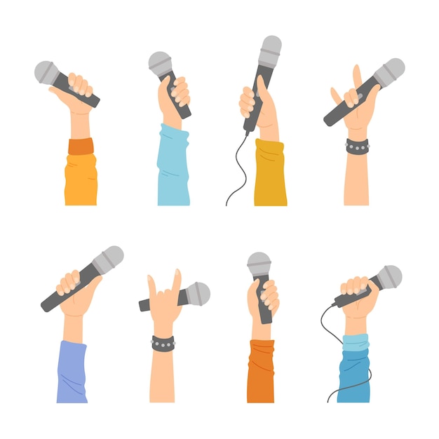 Free vector hands with microphones, human palms holding mics