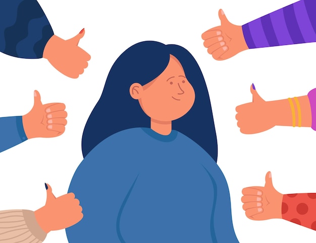 Hands with thumbs up and respect for happy woman. Proud person surrounded by social approval, favorable opinion and appreciation of audience flat vector illustration. Recognition, feedback concept