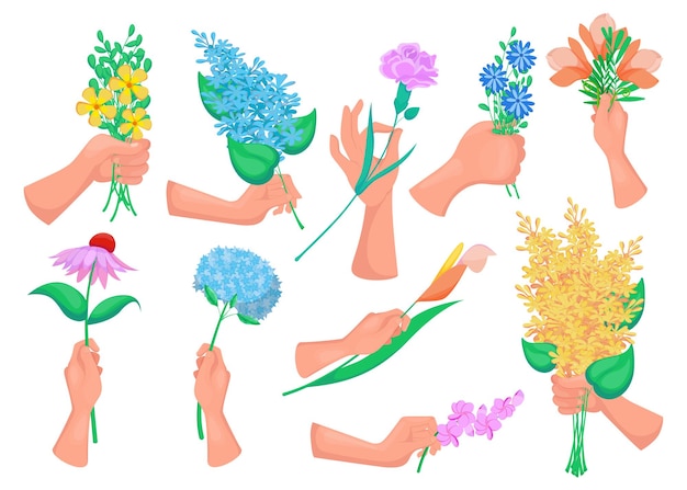 Free Vector hands of women holding spring flowers, sprigs with blossoms, blooming bouquets isolated on white