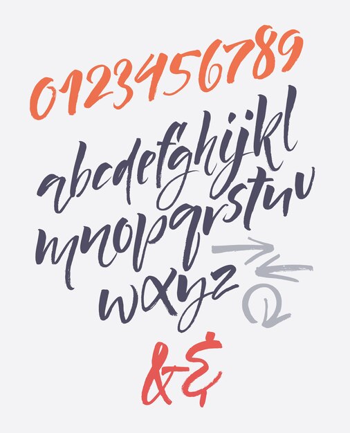 Handwritten script font. Brush font. Uppercase, numbers, punctuation